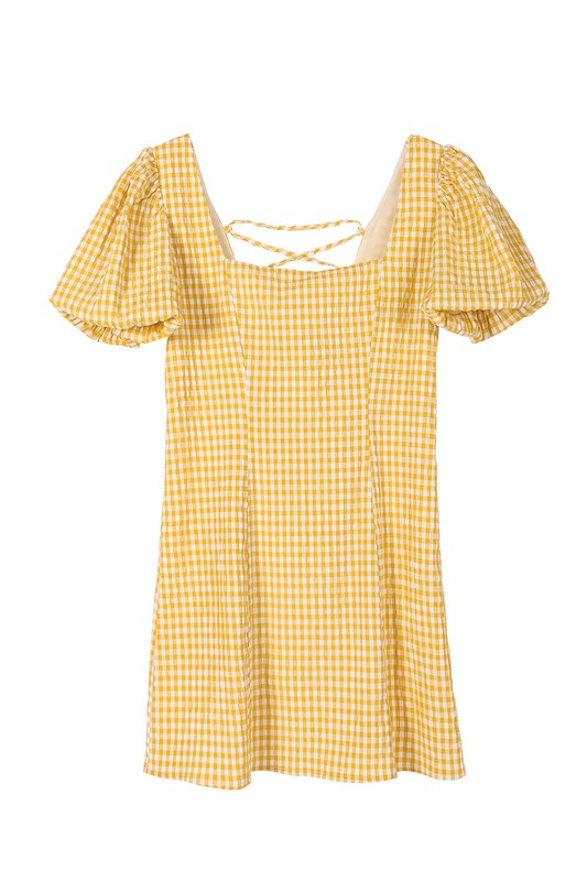 Yellow Puff Sleeve Gingham Dress