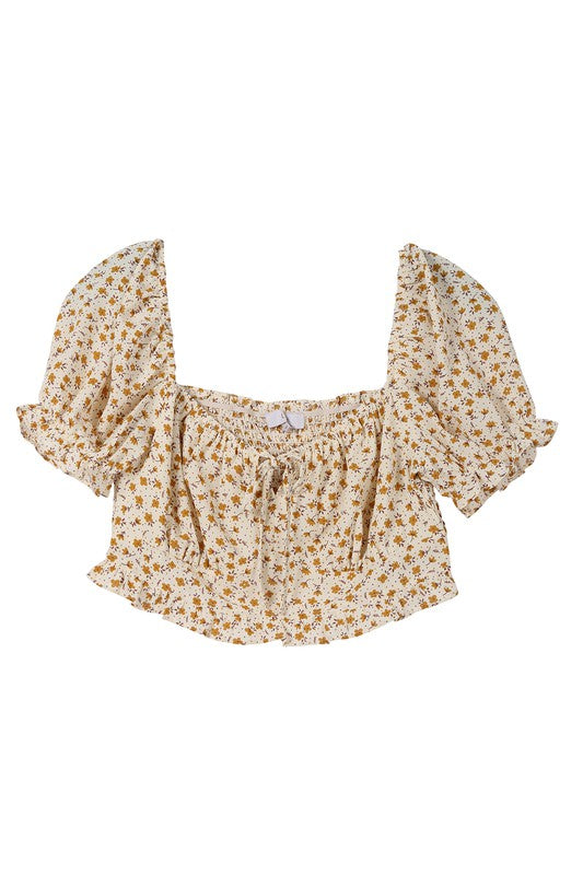 Yellow Floral Puff Cropped Top