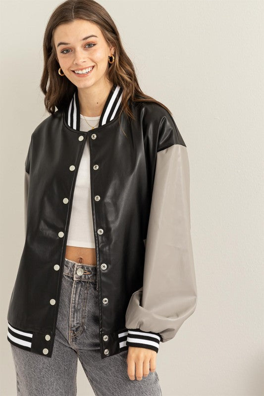 Game On Leather Colorblock Baseball Jacket