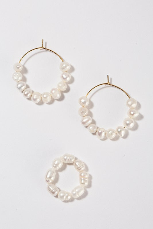 Pearl Hoop Earrings and Ring Set