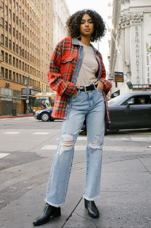 Red Flannel Shacket With Denim Contrast