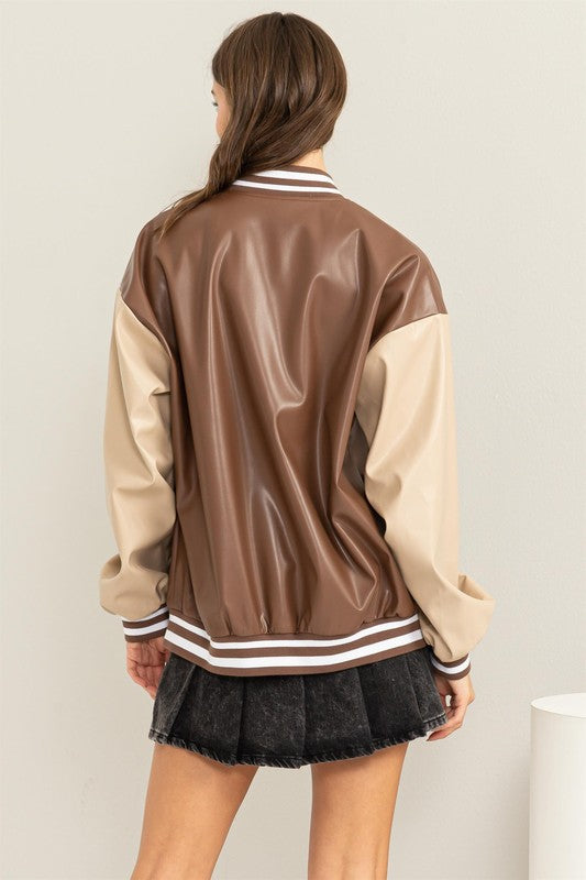 Game On Leather Colorblock Baseball Jacket