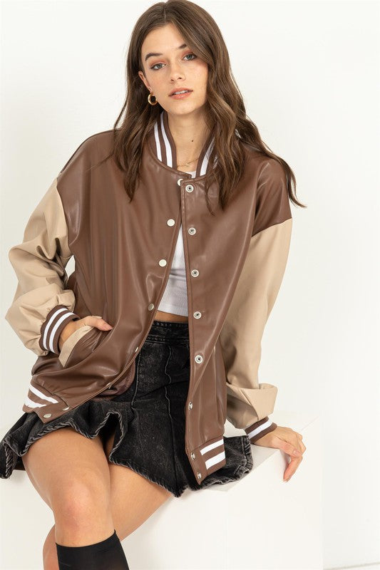 Game On Leather Colorblock Baseball Jacket