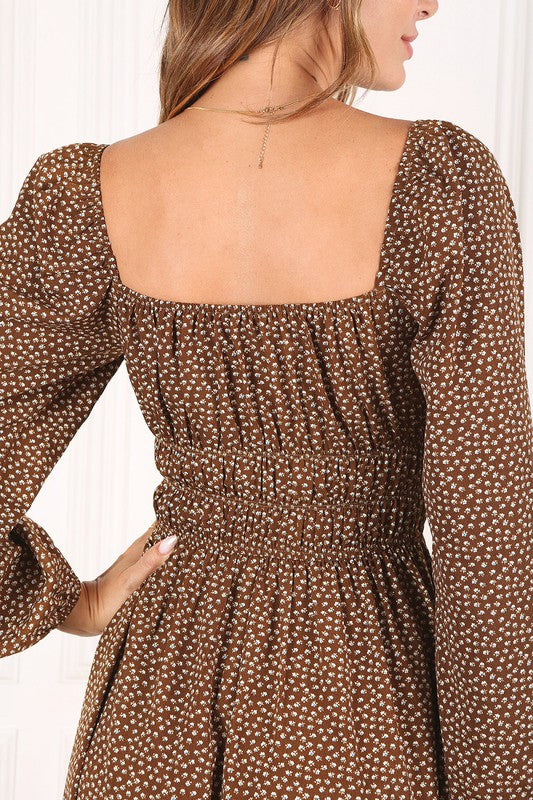 Brown Vintage Floral Midi Dress