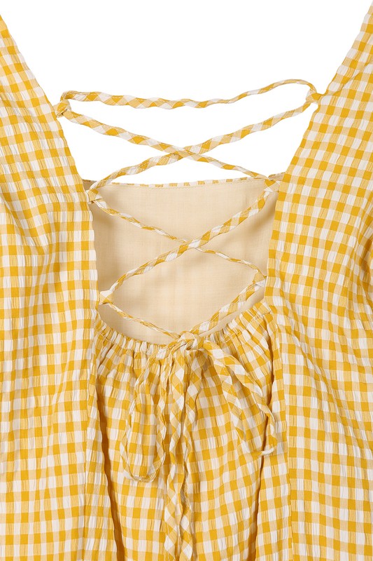 Yellow Puff Sleeve Gingham Dress