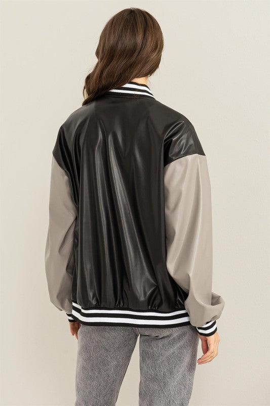 Game On Leather Colorblock Baseball Jacket