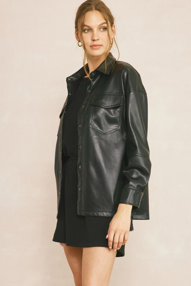 Black Faux Leather Shacket