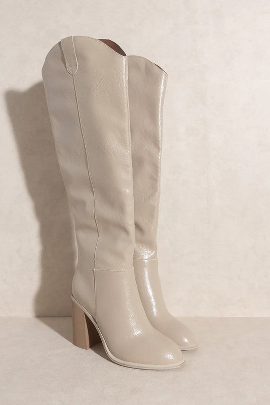 Taupe Knee High Leather Western Boots