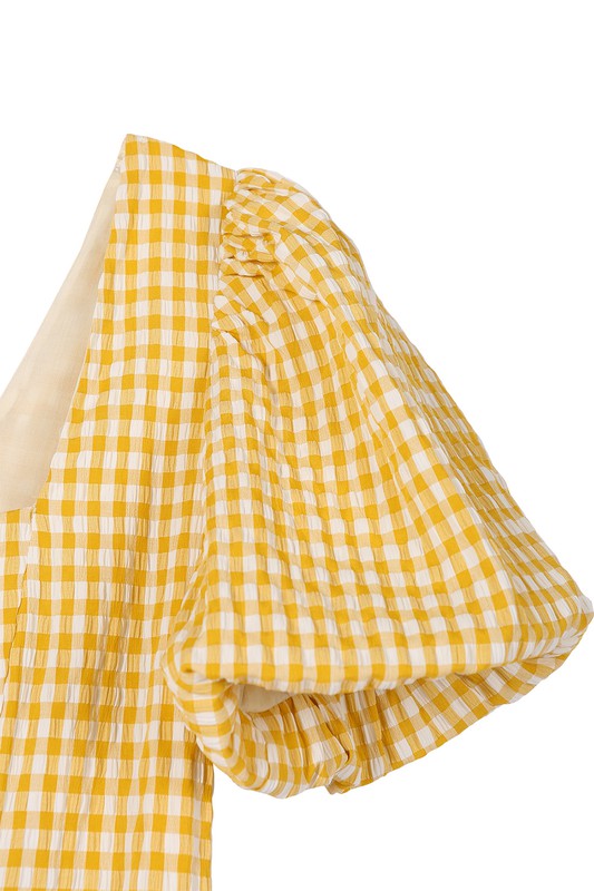 Yellow Puff Sleeve Gingham Dress