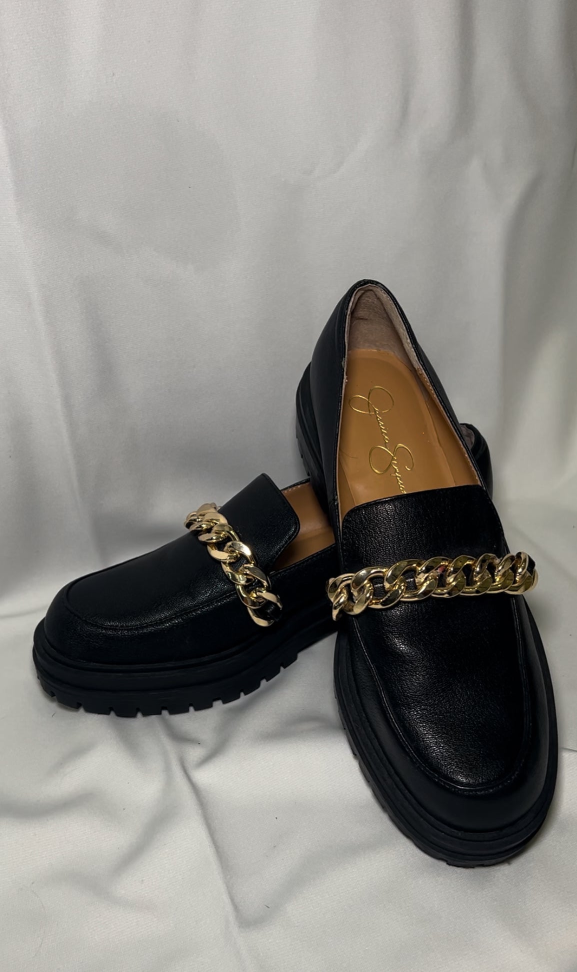 Black Platform Loafers with Gold Chain