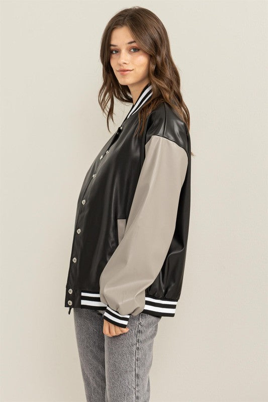 Game On Leather Colorblock Baseball Jacket