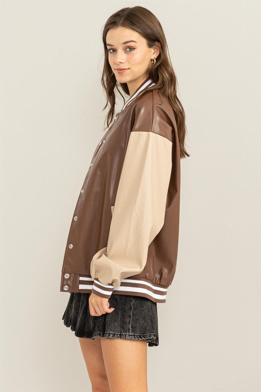 Game On Leather Colorblock Baseball Jacket