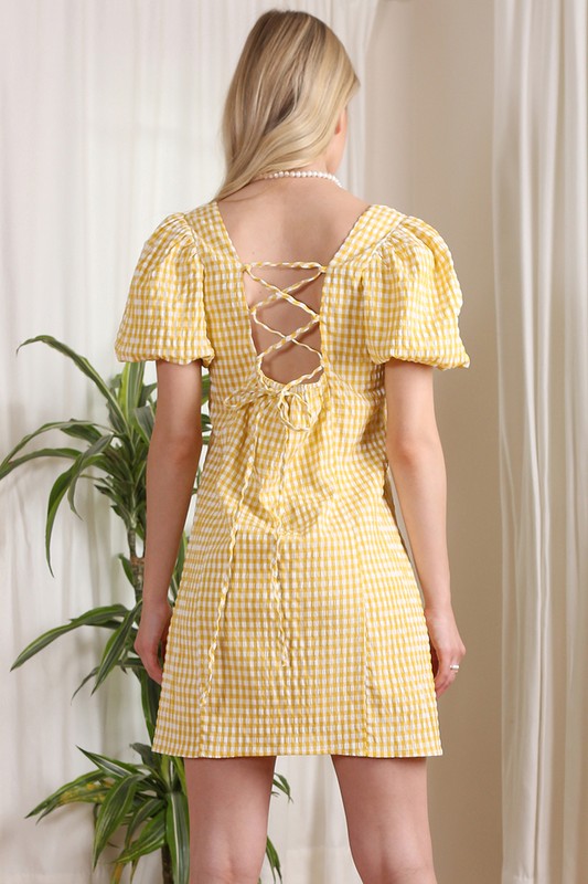 Yellow Puff Sleeve Gingham Dress