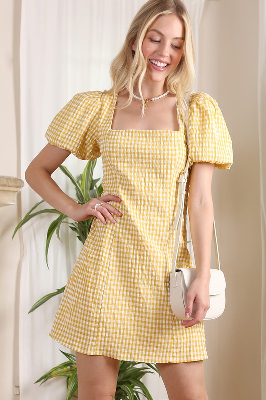 Yellow Puff Sleeve Gingham Dress