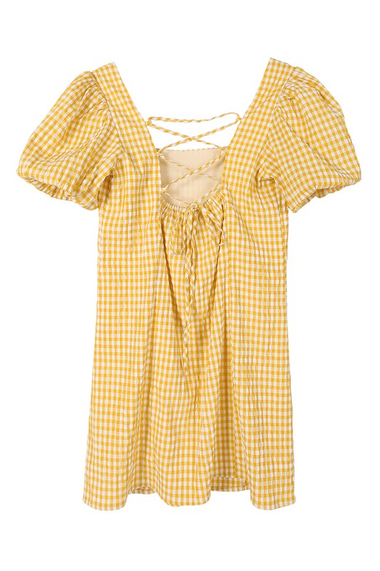 Yellow Puff Sleeve Gingham Dress