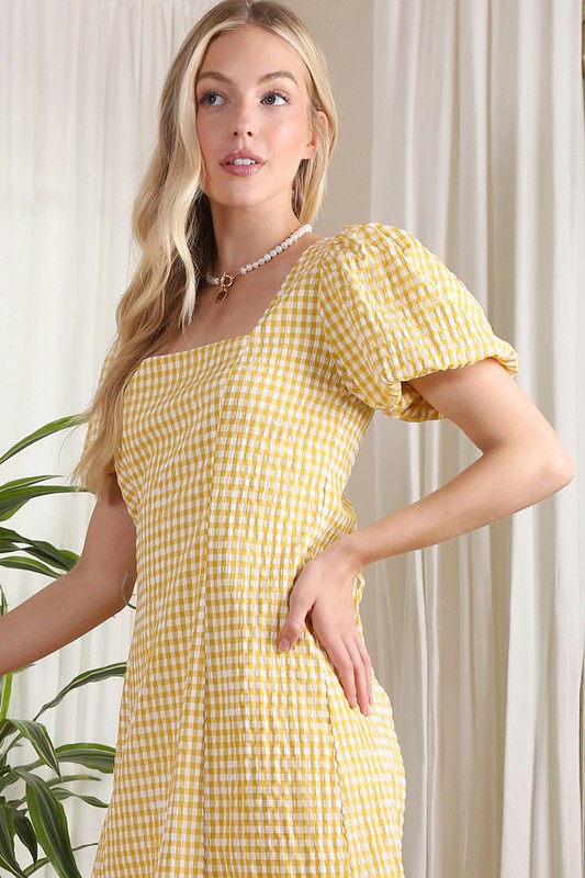 Yellow Puff Sleeve Gingham Dress