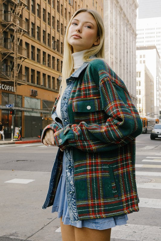 Green Flannel Shacket With Denim Contrast