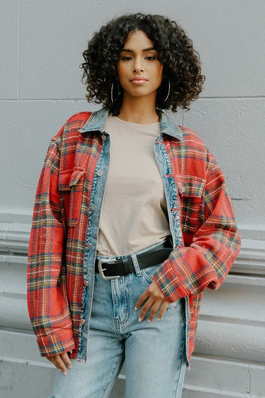 Red Flannel Shacket With Denim Contrast