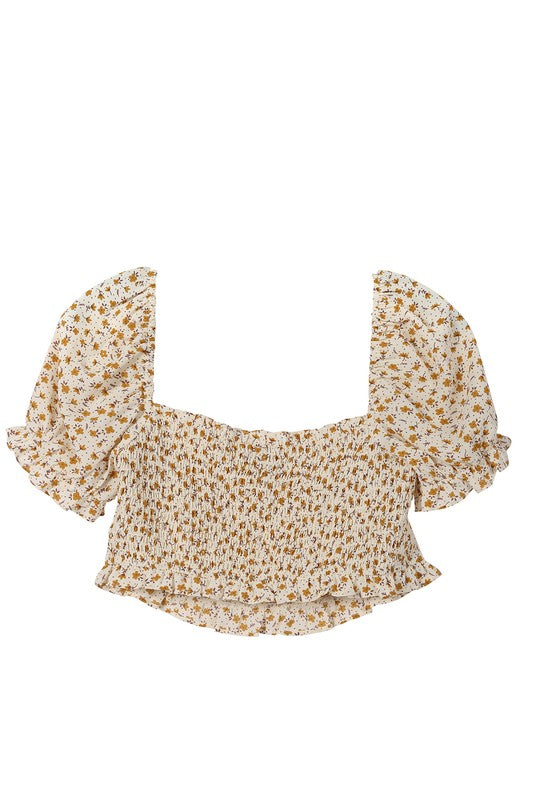 Yellow Floral Puff Cropped Top