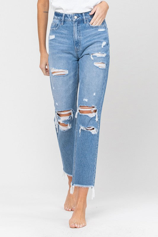 Bille Distressed Raw Hem Mom Jeans